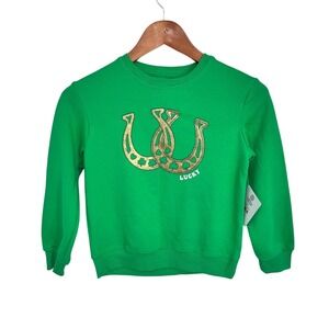 St Patricks Day Lucky Horseshoe Green Sweatshirt Girls Medium Size 8 Festive Fun